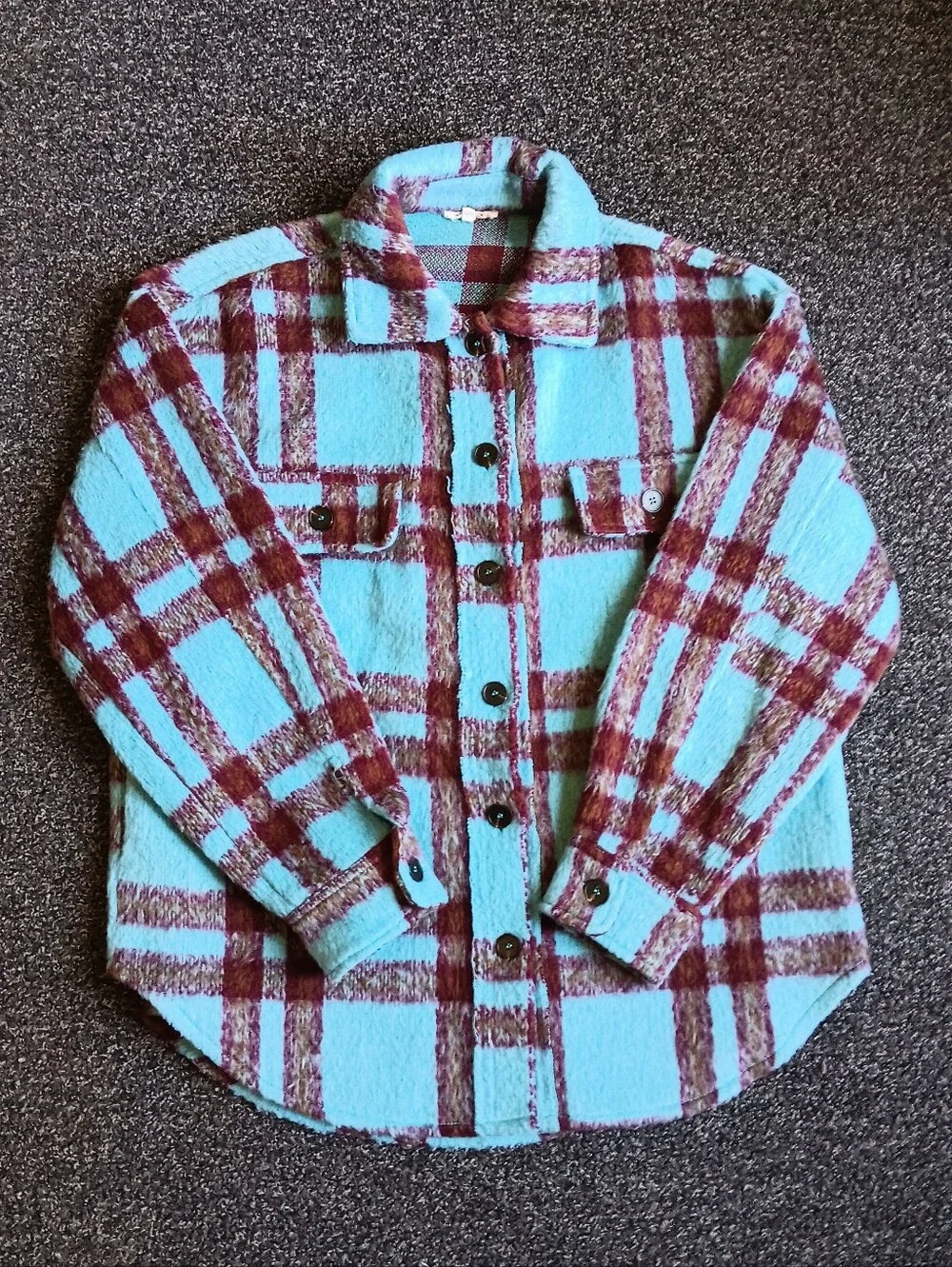 La Miel Turquoise & Burgundy Plaid Button Up Shacket Size Small, Rugged Chore